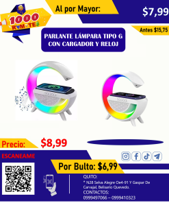 PARLANTE LÁMPARA TIPO G CON CARGADOR Y RELOJ